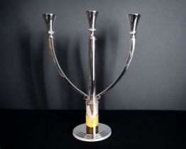 A LARGE 3-BRANCH WMF SILVER PLATE CANDELABRA. From the Scala range. With gilt accent. Height - 39cm
