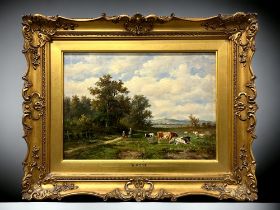 G. Moor / Moore, English school, Oil on Panel - British scene landscape with cows and figures.