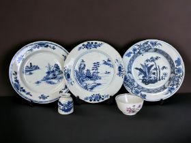 A COLLECTION OF 18th CENTURY CHINESE EXPORT PORCELAIN. Including two blue & white plates, a bowl,