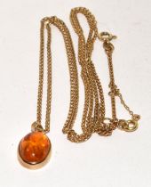 9ct gold Amber pendant neck lace with a good solid chain of 64cm