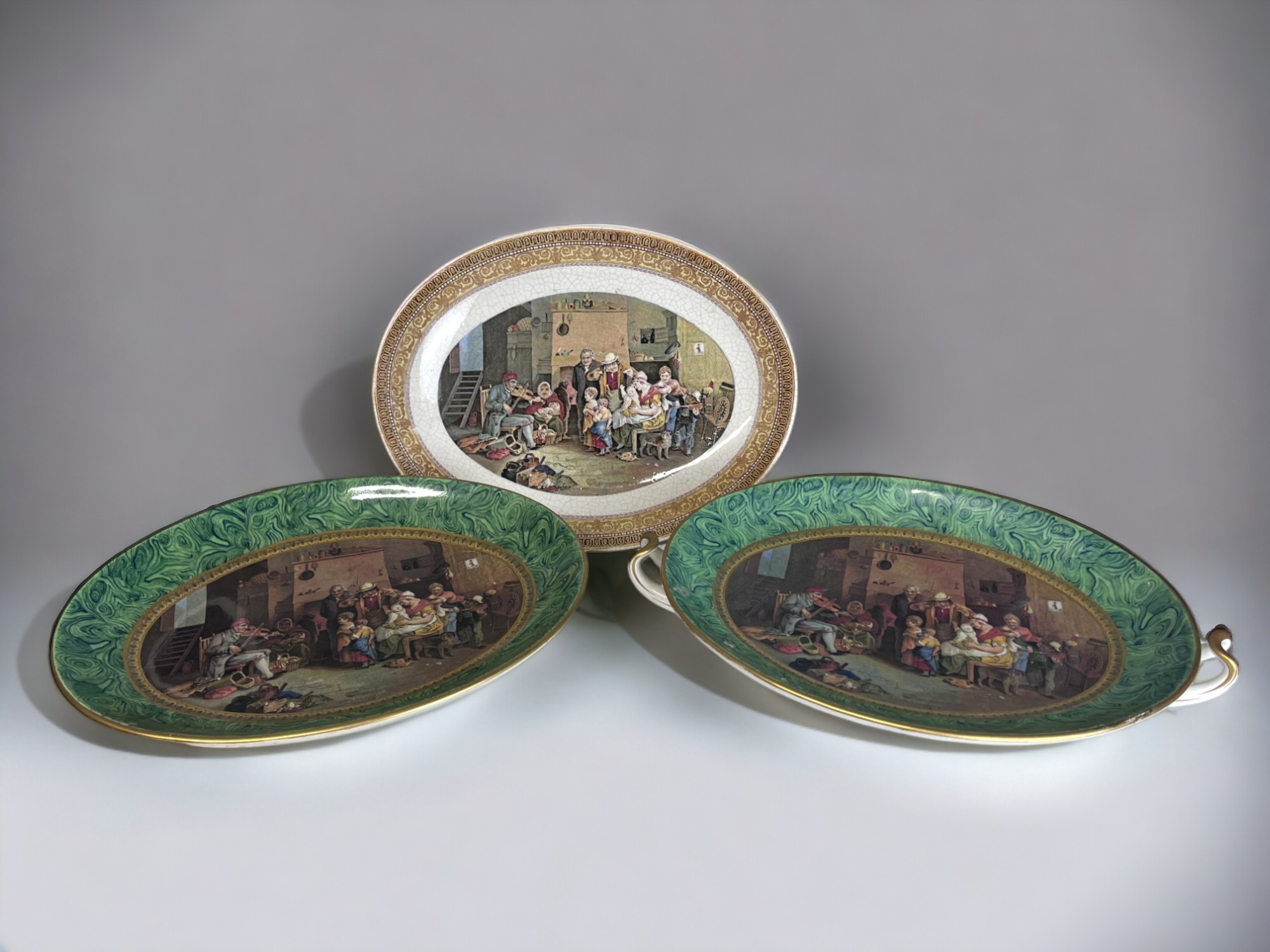 Three 19th century F&R Pratt serving dishes. 'The blind fiddler' pattern, by David Wilkie. With