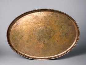 HUGH WALLIS, (1871-19430) ARTS & CRAFTS COPPER TRAY. Oval shape with rope design border. The central