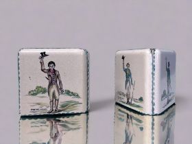 A Pair of 19th Century Delft Painted Bookends. Painted with 'Shoot' beaters signals. Triangular