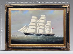 A large 'Cutty Sark' oil on board painting. Depicting the clipper in rough seas with the Isle of