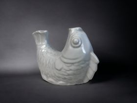 A JAPANESE PORCELAIN 'CARP' WATER DROPPER. 20th century. White glaze, modelled as a leaping.