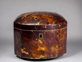 A 19th CENTURY TORTOISESHELL TEA CADDY. Domed lid with brass stringing and plaque, engraved '