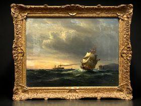 F. Hunten, Germany. 19th Century Oil on Canvas. Landscape Ship at sea scene with Steamer ship in the
