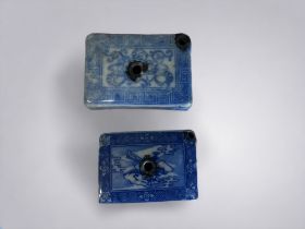 TWO JAPANESE PORCELAIN WATER DROPPERS. Both rectangular form, one decorated with Lingzhi & lotus