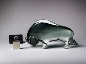 A LARGE MURANO GLASS BULL. Depicting a large Bull with high arched back & low hanging head. In smoky