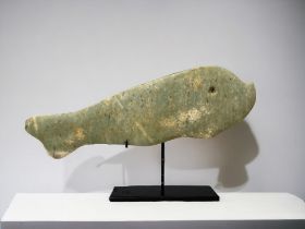 A Chinese hardstone Fish sculpture. Mounted on metal stand. Fish Length - 40cm