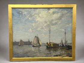 James Campbell Noble RSA Born 1846 - Scottish Artist Oil on Canvas "Boat Scene on the MAAS" in a