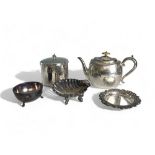 A collection of Victorian silver plate. To include an Atkin brothers engraved teapot, A silver on br