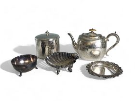 A collection of Victorian silver plate. To include an Atkin brothers engraved teapot, A silver on br