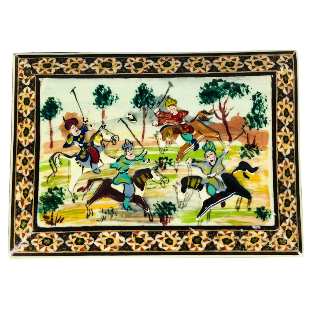 Middle Eastern Khatam Box - decorated with a scene of polo players  - Image 2 of 4