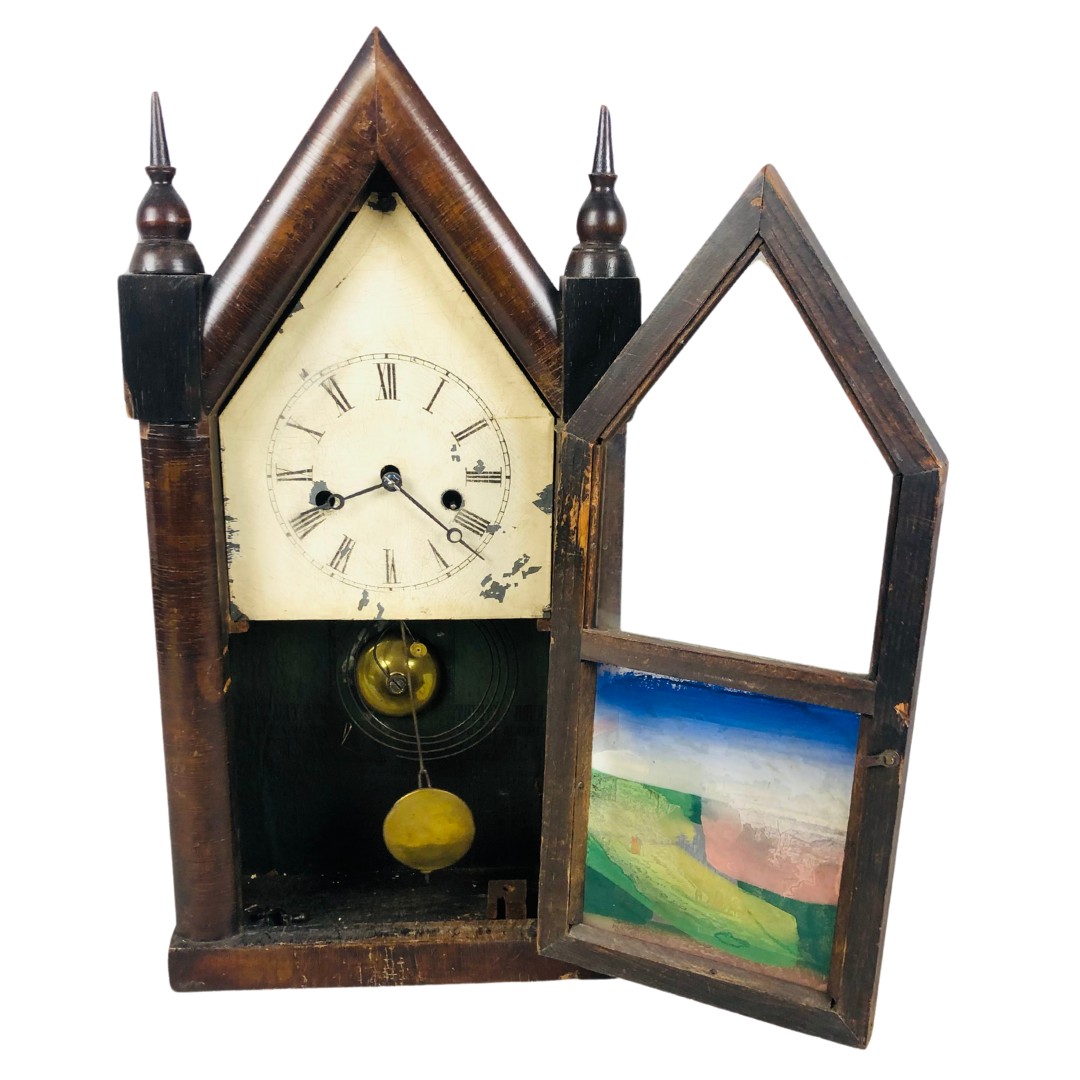 19th Century American Mantle Clock in the Gothic manner.  Has Key and Pendulum and has been seen wor - Image 2 of 4