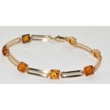 9ct gold Baltic Amber station bracelet 6.5g 18cm long                                               