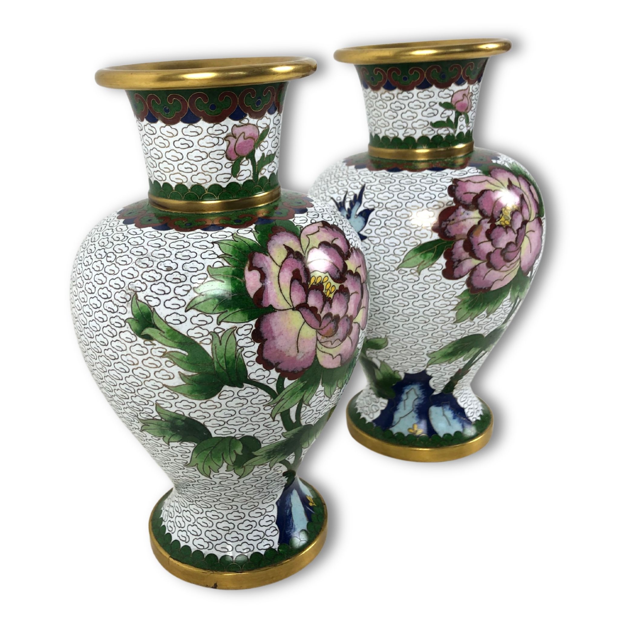 Two vintage Cloisonne Vases. Baluster form, with finely detailed Peony blossoms.  - Image 3 of 4