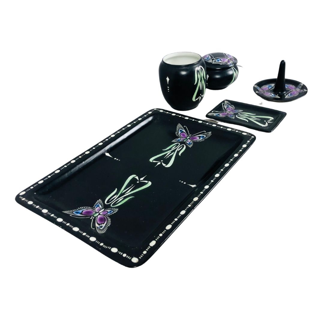 Art Deco Shelley China dressing table set in Noire tones and butterfly decoration  - Image 2 of 4