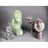 4 x stone figures South American/South sea islands (1 Chinese warrior damaged) 