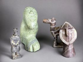 4 x stone figures South American/South sea islands (1 Chinese warrior damaged)