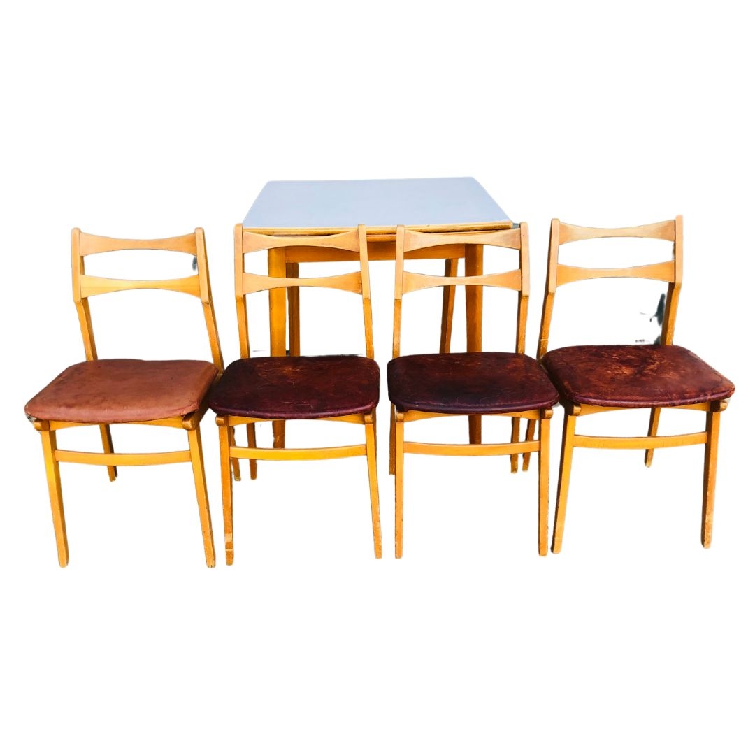 Danish Style Mid Century Set of 4 Leather Seated Dining Chairs and Formica/Laminate Table. Table sta
