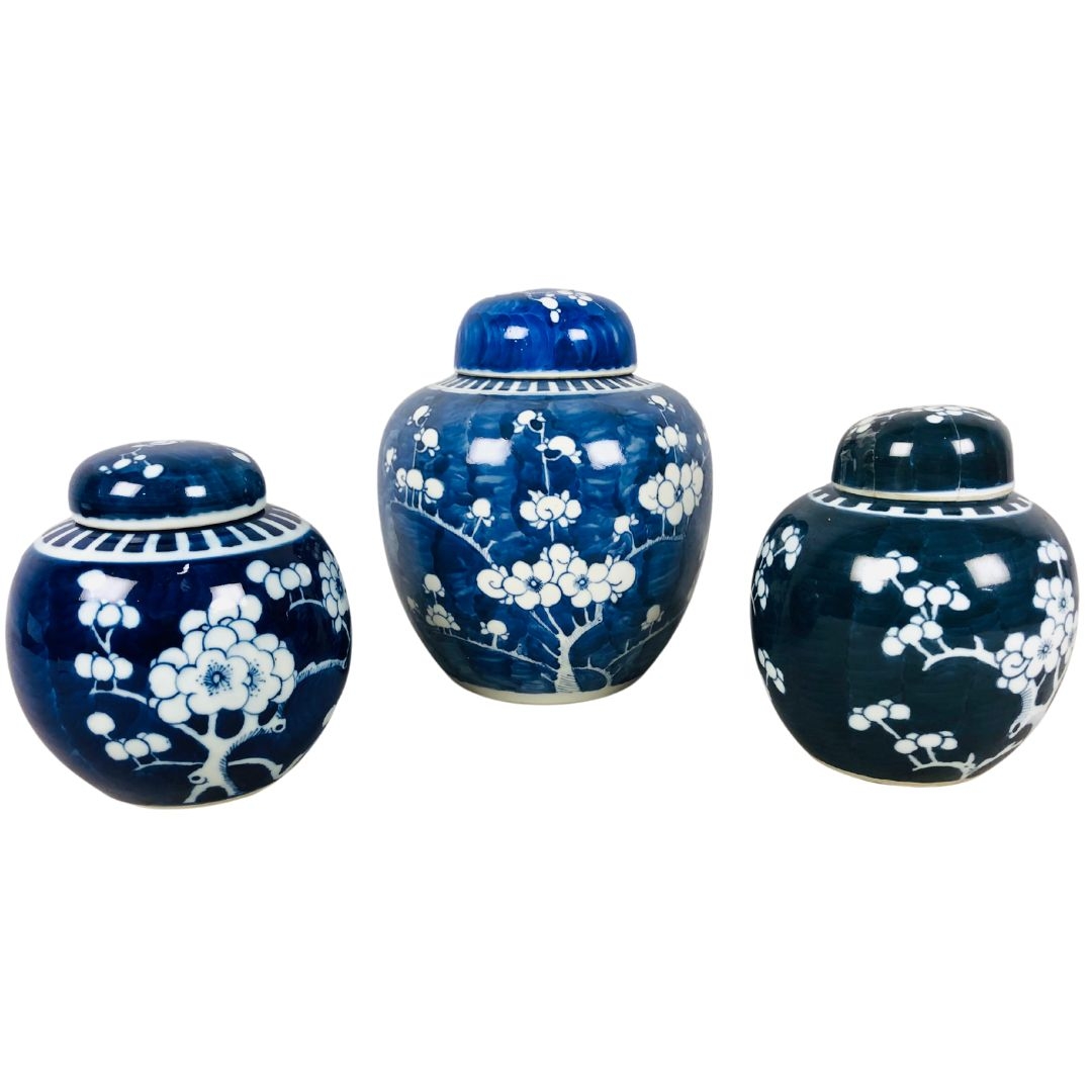 Lidded Ginger Jars.  Prunus decorations.  - Image 2 of 4