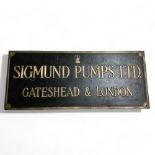 Vintage Cast Bronze "Sigmund Pumps Ltd Gateshead & London" Building Sign. Height 22.5cm Width 53cm 