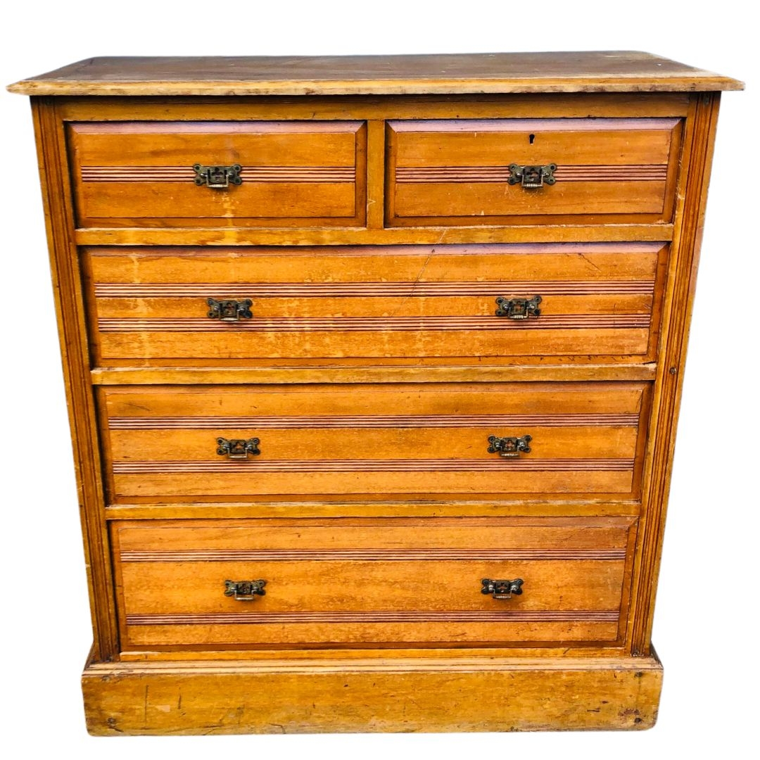 Late 19th Century 2 over 3 Satinwood Chest of Drawers with gothic revival brass handles. Approx 112c