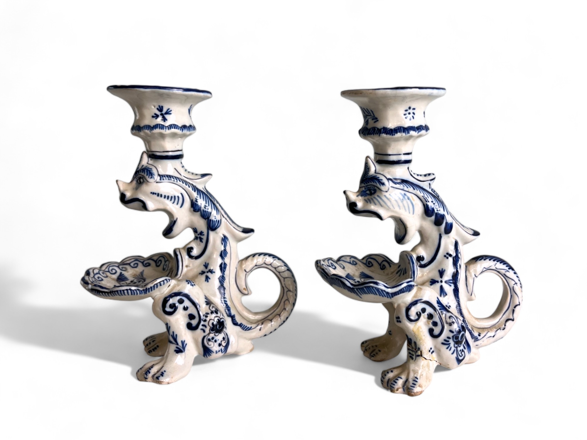 A pair of Continental Delft 'Gothic' Dragon candlesticks, together with a pair of German blue & whit - Image 2 of 7