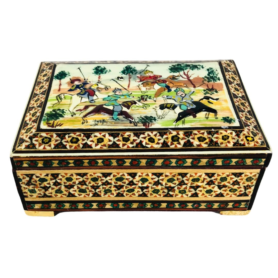 Middle Eastern Khatam Box - decorated with a scene of polo players 