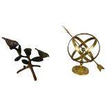 Brass Armillary Sphere & Cast Metal Bird Ornament/Candle Holder 