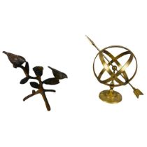 Brass Armillary Sphere & Cast Metal Bird Ornament/Candle Holder