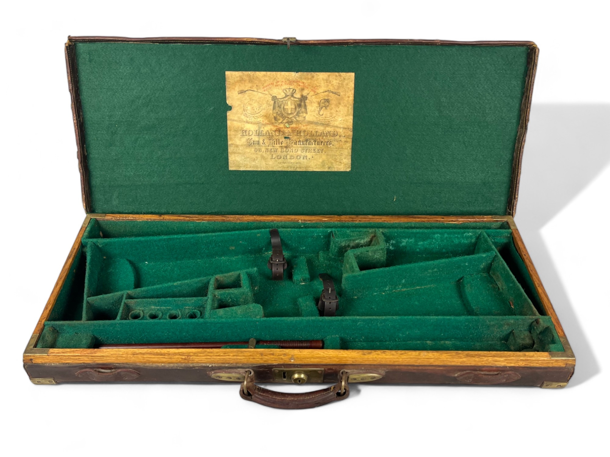 Antique Holland & Holland leather gun case. With fitted interior and label. Brass plaque "W.R.A. Bar - Image 4 of 6