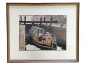Fred Jay Girling (1900-1982) - Original Signed Watercolour "The Lock" Canal Boat scene at Lock, with