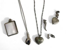 A collection of various Silver & white metal pendants and chains.