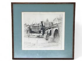 Sydney R Jones British 1881-1966 - Signed Engraving London Bridge and Fishmongers Hall. Labels Verso
