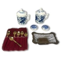 Oriental Themed Blue & White Lidded Mugs and Trinket Boxes with Collectors Spoons & Silver Plate Ite