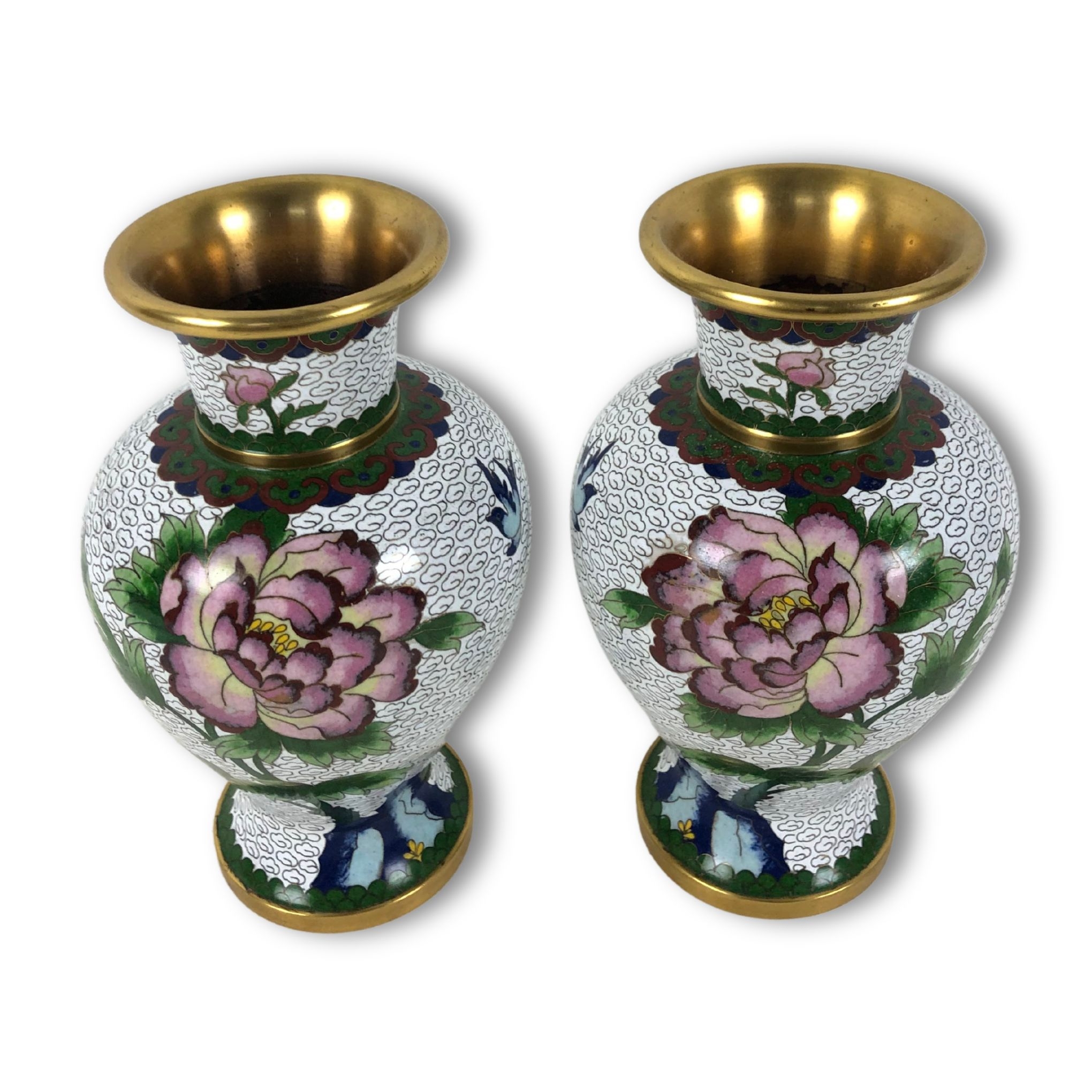 Two vintage Cloisonne Vases. Baluster form, with finely detailed Peony blossoms.  - Image 2 of 4