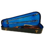 Cased child sized Violin Saxon C1890. One child sized bow. One full sized bow. German Brazilwood.  N