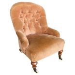 Victorian Nursing Chair, button backed with Velvet upholstery. Gothic Style turned tapering front le