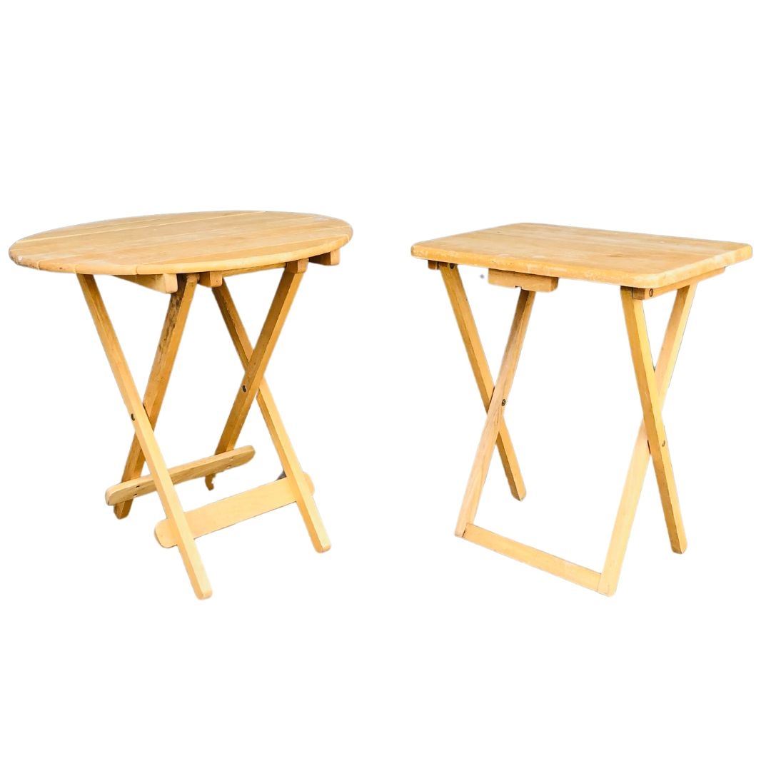 Two Modern Beech Slatted Folding Wine Tables. Diameter of table top is approx. 61cm. 