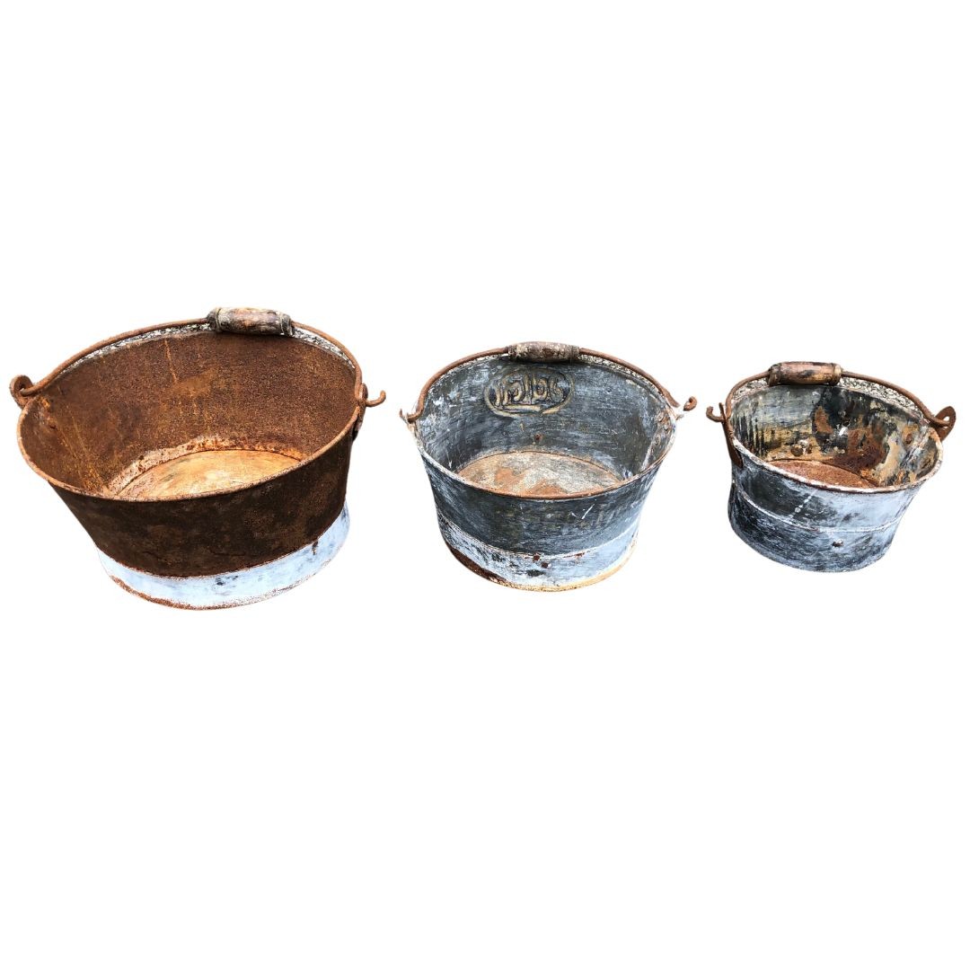 Three Small Galvanised Metal Planters with Wooden Handles ref 77  - Image 3 of 4