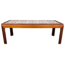 Mid 20th Century G Plan Tile topped table of mahogany construction. Label to underside.  Height 39.5