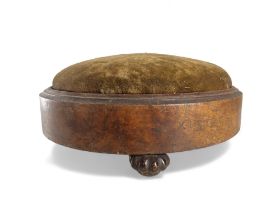 A 19th century Walnut footstool. With three glazed ceramic feet. 13 x 29 cm