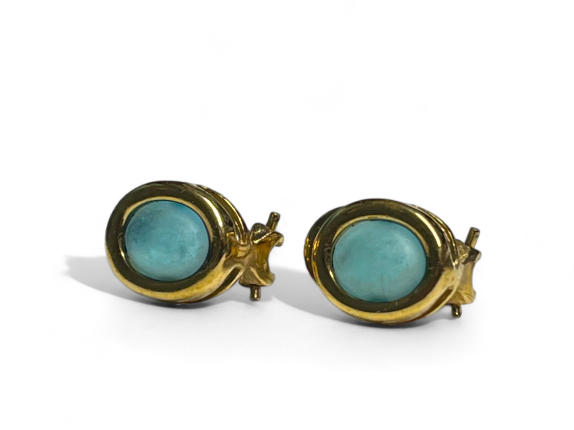 A pair of yellow metal & blue cabochon stone set earrings.  - Image 2 of 2