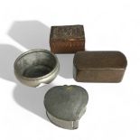 A collection of Bijouterie Items, to include Papier Mache Snuff boxes and Chinese Pewter Opium Box. 