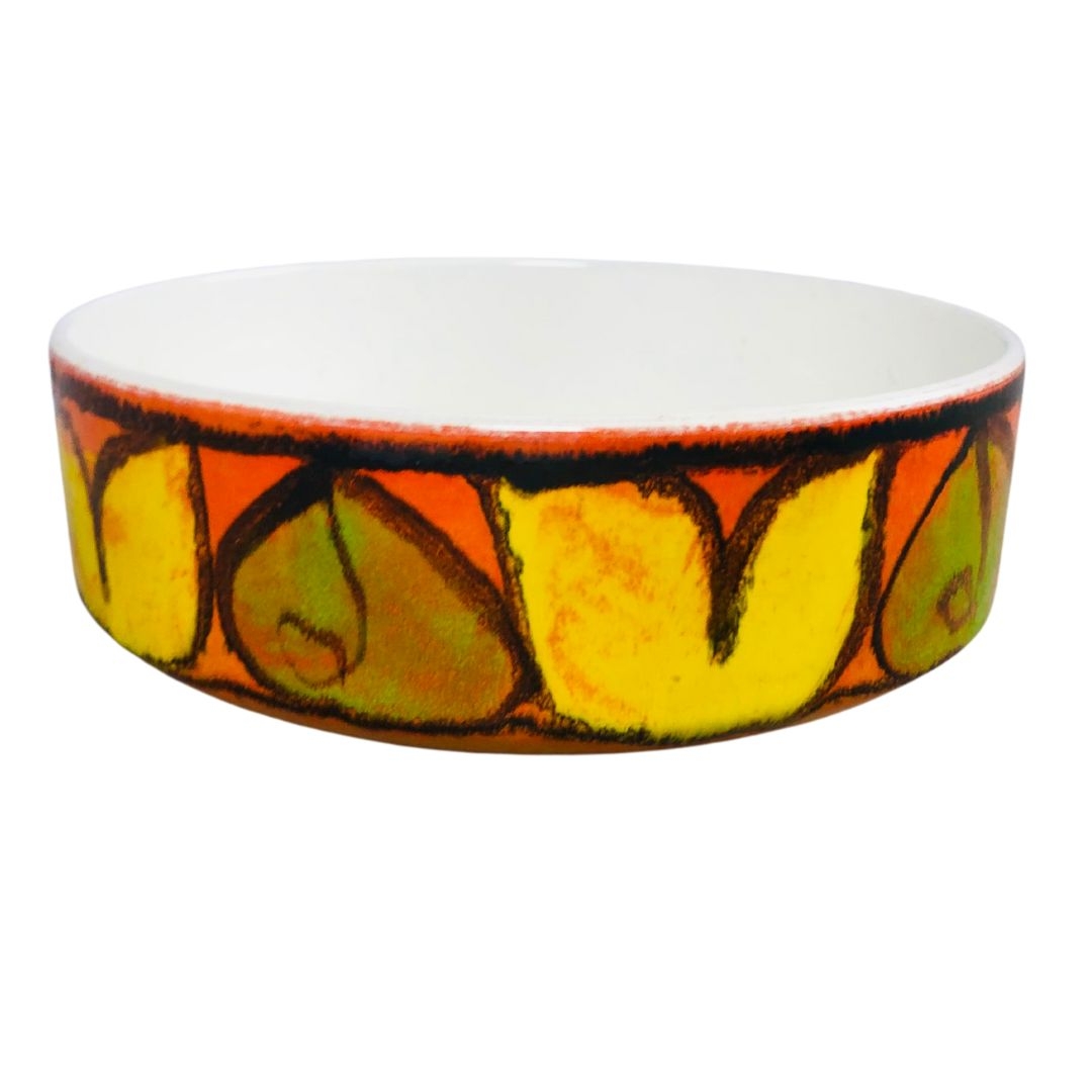 Delphis Poole Pottery Dish Artist mark to base VP in burnt umber and yellow and green tones.