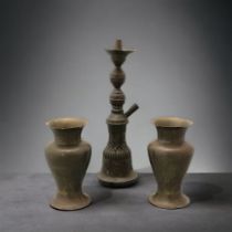 A 19th Century Middle Eastern Shisha Pipe Base, together with Two Islamic Vases, Decorated with Kufi