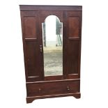 Mahogany Wardrobe with central bevelled dressing mirror and drawer beneath. Approx 198cm x 119 x 45 