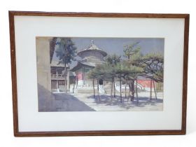 Early 20th Century Water Colour Oriental Temple Scene. Unsigned. Height 23.5cm (Image) Width 39.5cm